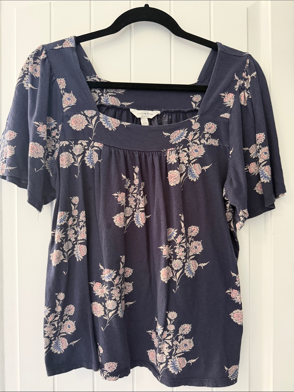 Lucky Brand Navy Floral Square Yoke Scoop Neck Top